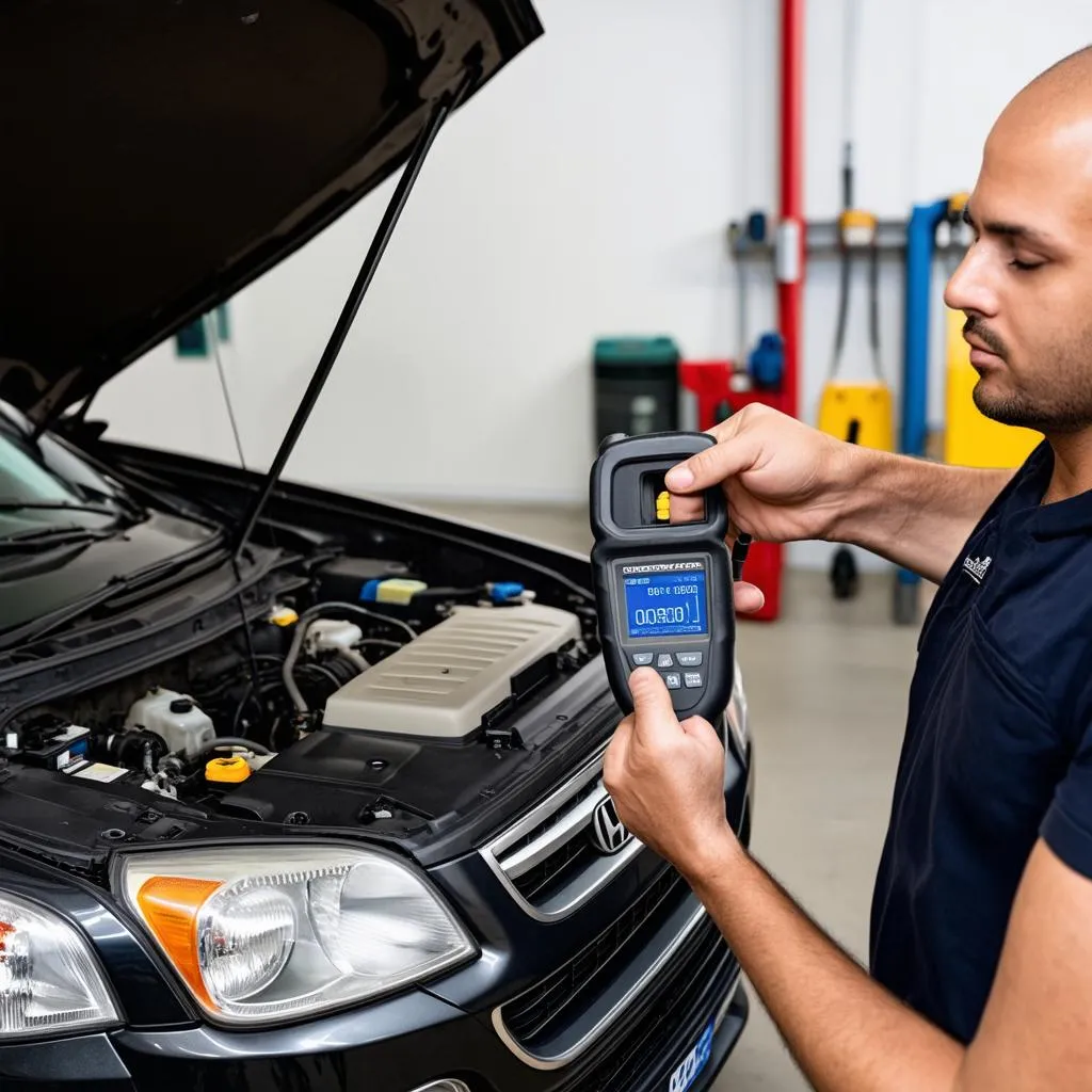 Mechanic diagnosing a car using a scan tool connected to the OBD port of a 2004 Honda CRV